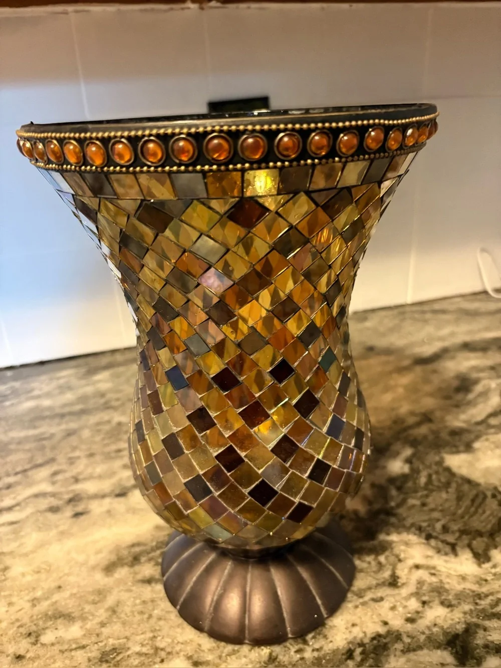 Partylite Mosaic Glass Hurricane Vase - Amber Mosaic Accent